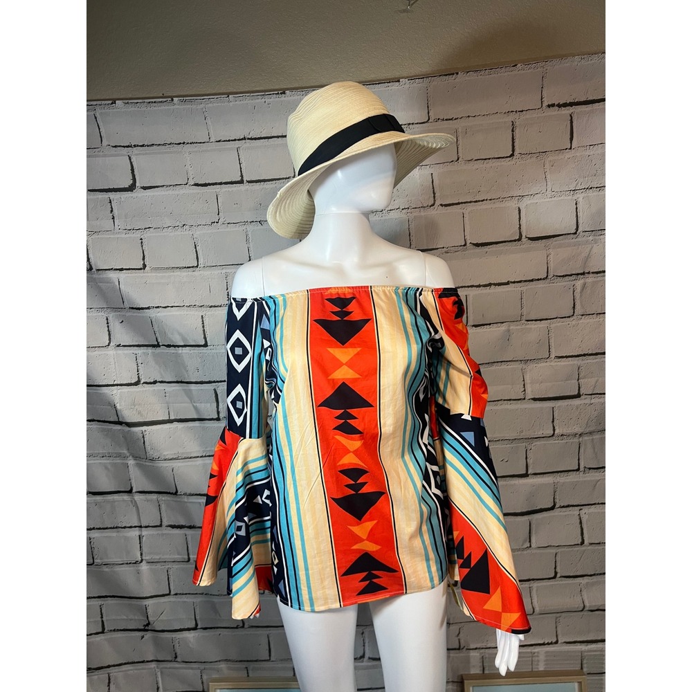 Misslook Southwestern Off Shoulder Bell Sleeve Blouse Orange Blue Tribal Small